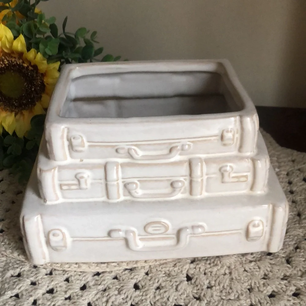Stack of Vintage Suitcases Ceramic Planter Pot